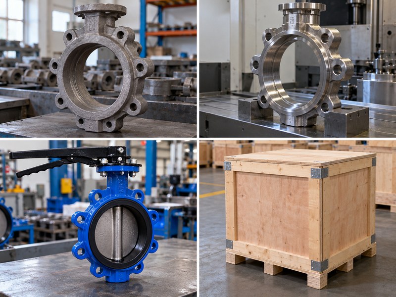 butterfly valve manufacturer: photographic comparison of casting, machining, assembly and packing.