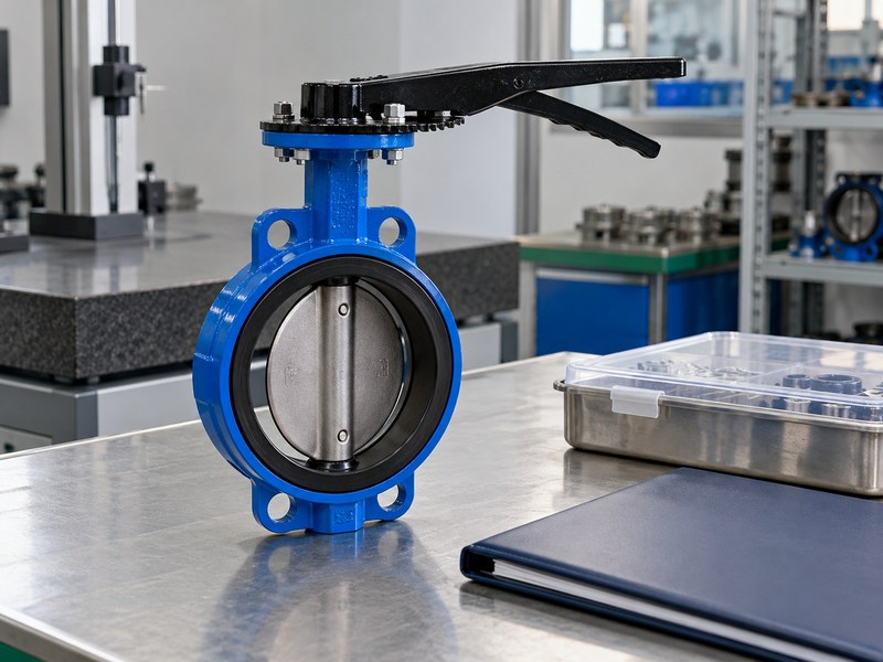 butterfly valve manufacturer: sample valve beside a closed inspection file.
