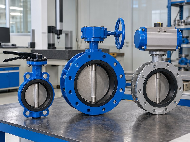 butterfly valve manufacturers in usa: three valve constructions at an illustrative inspection bench.