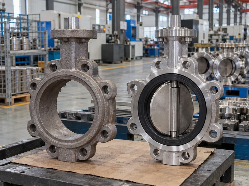 butterfly valve manufacturers in usa: rough casting and completed assembly for production-route review.