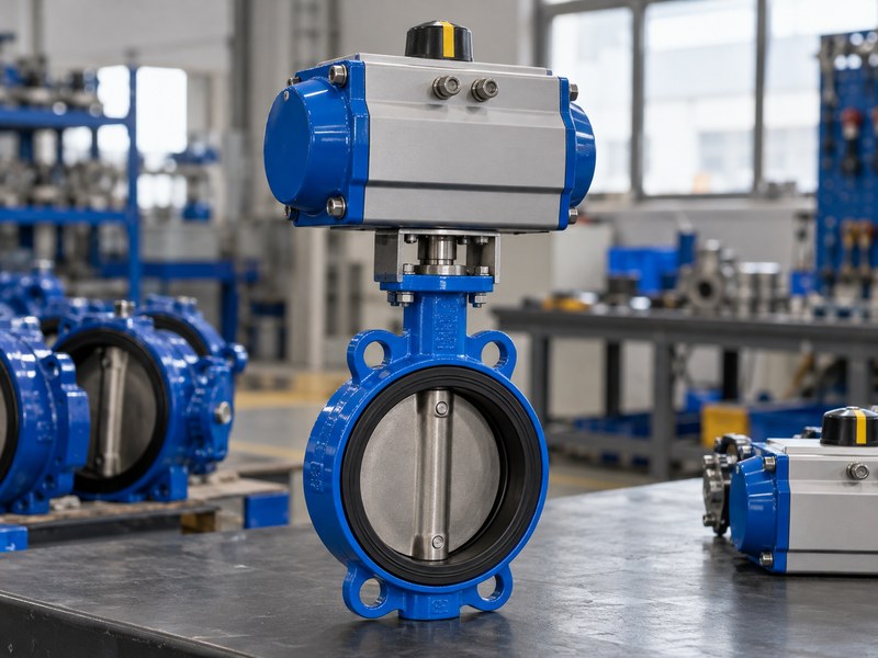 butterfly valve manufacturers in usa: pneumatic actuator and aligned mounting bracket on a valve.