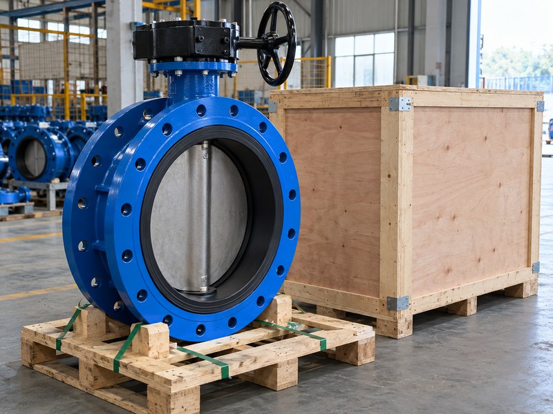 butterfly valve manufacturers in usa: valve in a timber cradle before final packing protection.