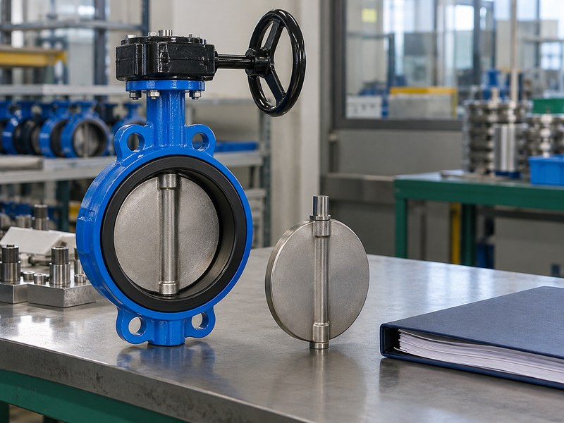 butterfly valve manufacturers in usa: valve and separate disc at a supplier review bench.