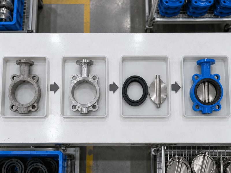 butterfly valve manufacturing process — illustrative casting-to-assembly sequence