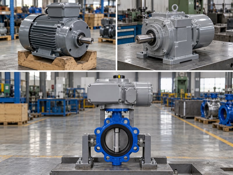 butterfly valve motor: illustrative three-panel photo matrix of a bare motor, enclosed geared drive and complete electric valve assembly