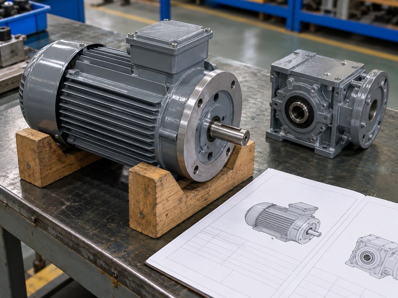 butterfly valve motor: illustrative closed small electric motor, separate gearbox housing and blank rating worksheet on a review bench