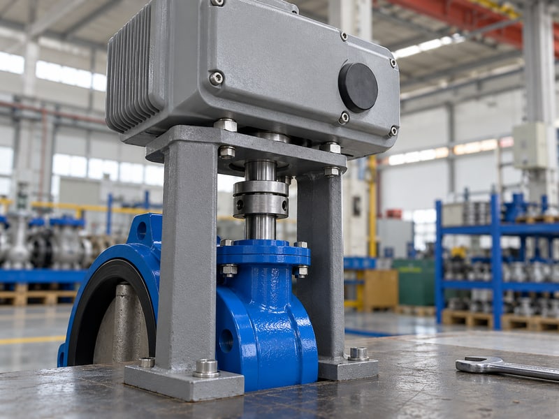 butterfly valve motor: illustrative rear-side view of a supported electric actuator, coupling and valve-shaft connection