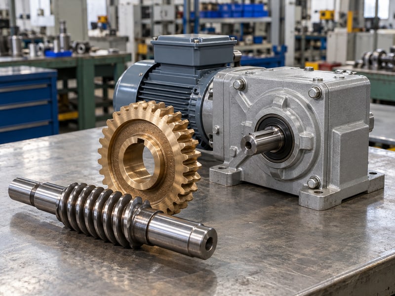 butterfly valve motor: illustrative separate worm and worm-wheel components beside a closed reduction-gear housing