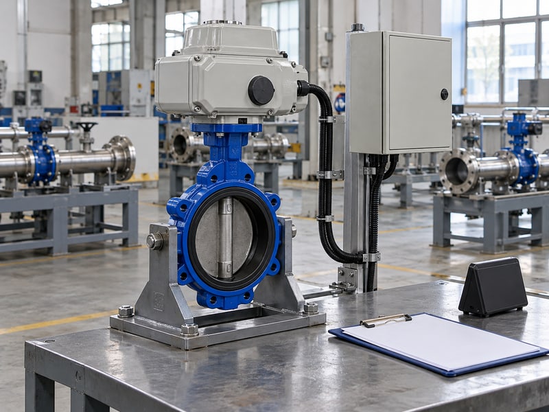 butterfly valve motor: illustrative electric valve on an isolated travel-observation fixture with a blank clipboard and unreadable timing device