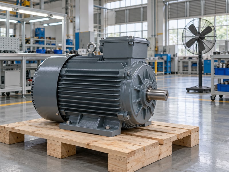 butterfly valve motor: illustrative closed finned electric motor on a wooden pallet in a ventilated workshop