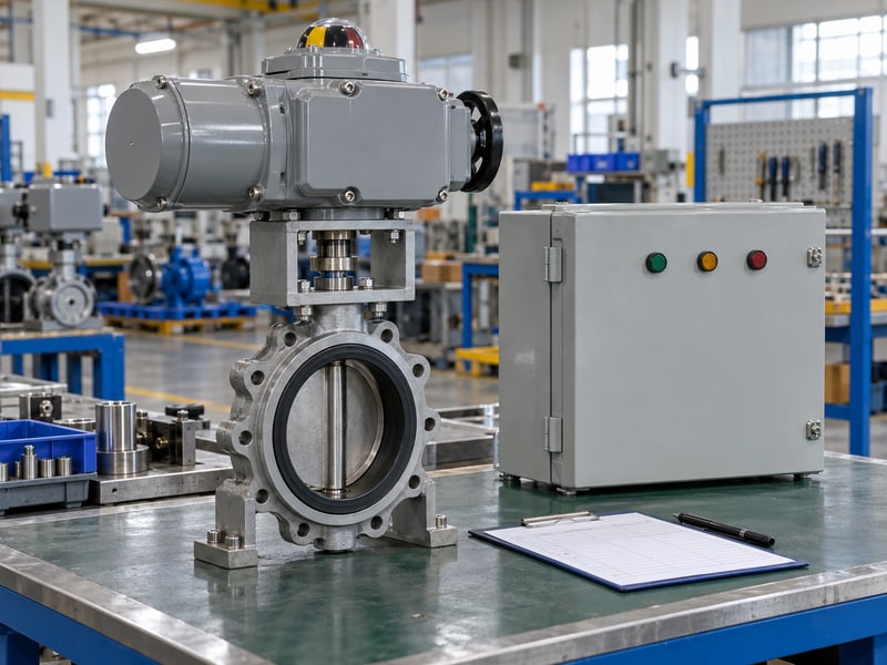 butterfly valve motor: illustrative closed actuator and separate closed protection enclosure beside an unmarked review sheet