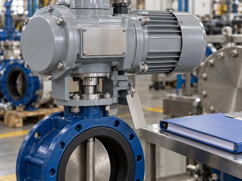 butterfly valve motor: illustrative blank identification-plate area on a closed drive beside an unmarked equipment tag and folder
