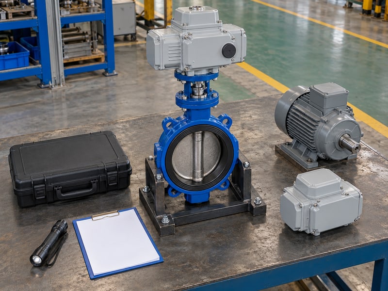 butterfly valve motor: illustrative closed motor and actuator housings with a closed tool case, flashlight and blank clipboard