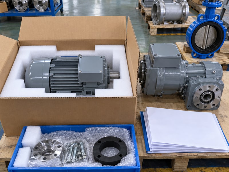 butterfly valve motor: illustrative single replacement motor in fitted foam packaging beside a closed geared drive and unmarked records