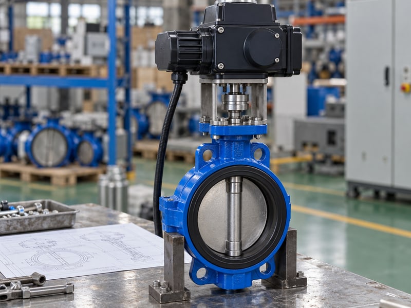 butterfly valve motorized actuator: illustrative supported electric butterfly valve with coupling, sealed cable entry and assembly documents