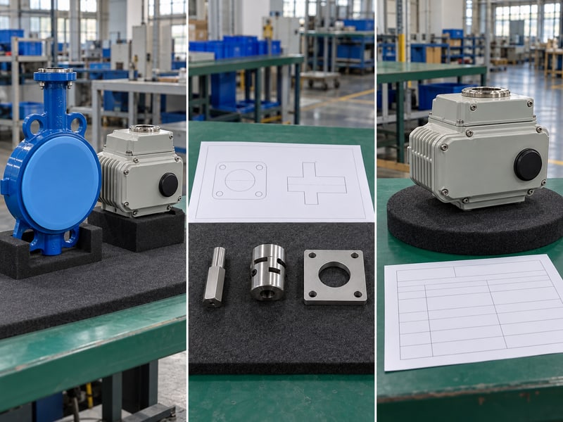 butterfly valve motorized actuator: illustrative qualitative photo matrix of covered valve and separate actuator, supported interface parts and blank control records