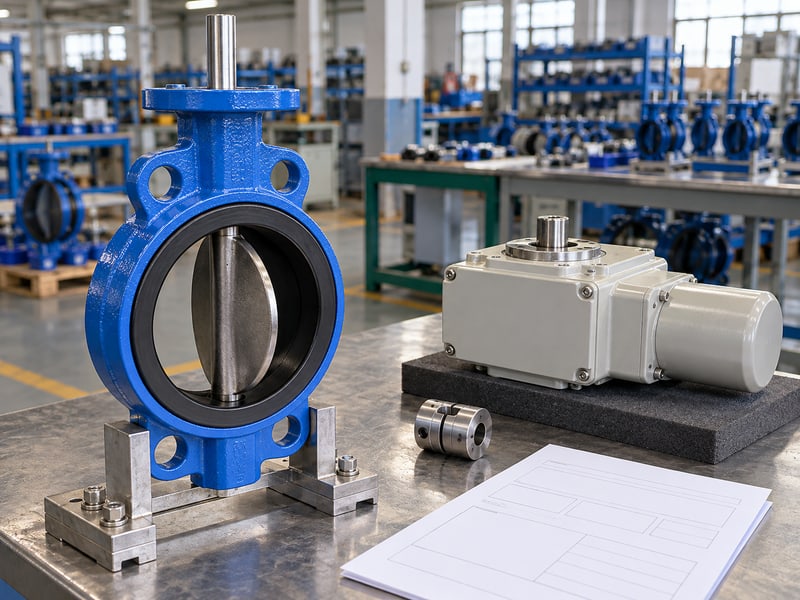 butterfly valve motorized actuator: illustrative supported unassembled butterfly valve with exposed stem beside a separate actuator and selection records