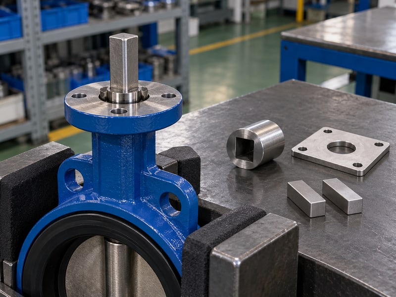 butterfly valve motorized actuator: illustrative square valve stem and separate square-bore coupling beside an unmounted plate and plain gauge blocks