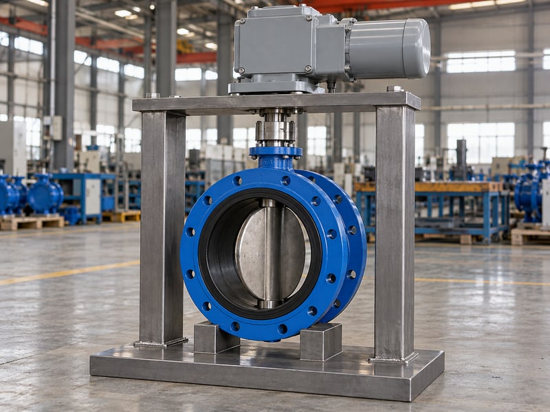 butterfly valve motorized actuator: illustrative electric butterfly valve on a body cradle with an external frame and upper plate supporting the actuator housing