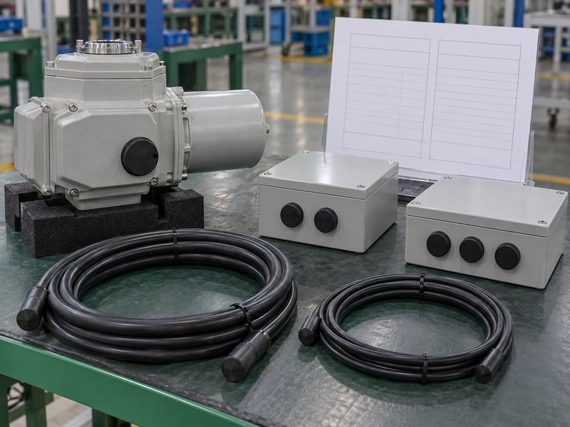 butterfly valve motorized actuator: illustrative closed actuator and separate sealed electrical boxes beside capped cable coils and a blank supply schedule