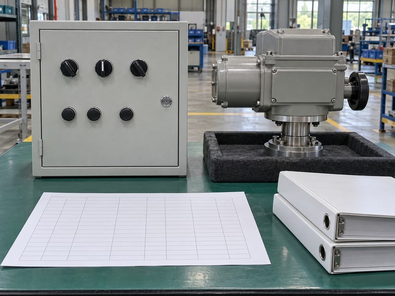 butterfly valve motorized actuator: illustrative unmarked closed local-control enclosure beside an isolated electric actuator and blank response schedule