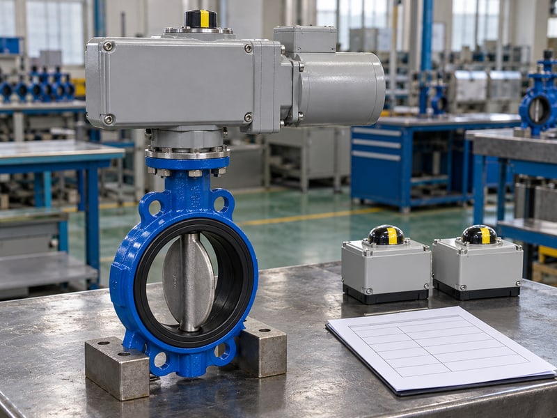 butterfly valve motorized actuator: illustrative partly open supported electric butterfly valve beside closed position components and a blank signal record