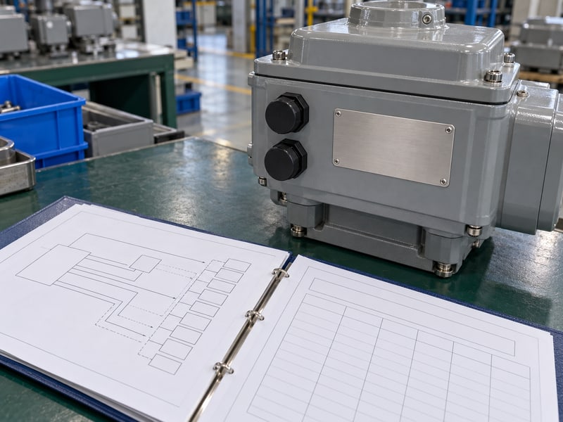 butterfly valve motorized actuator: illustrative sealed actuator cable entries beside an unmarked tag and anonymous terminal-function record sheets