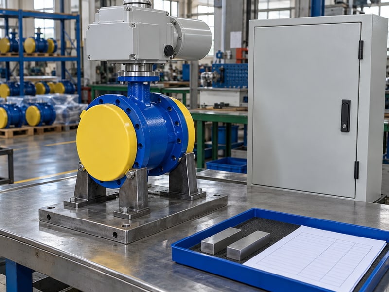 butterfly valve motorized actuator: illustrative supported covered electric butterfly valve beside a closed control enclosure, plain gauge blocks and blank verification records