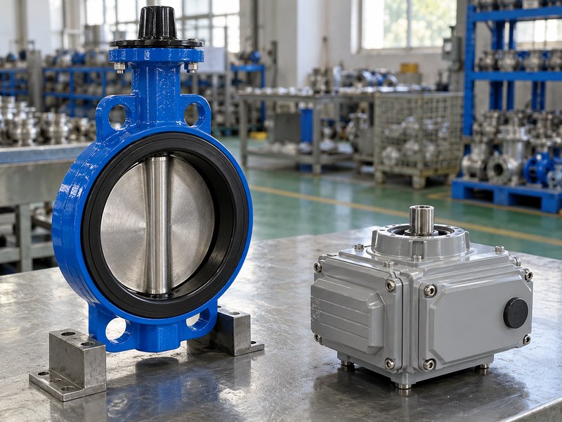 butterfly valve news: separate wafer valve and electric actuator on an inspection bench