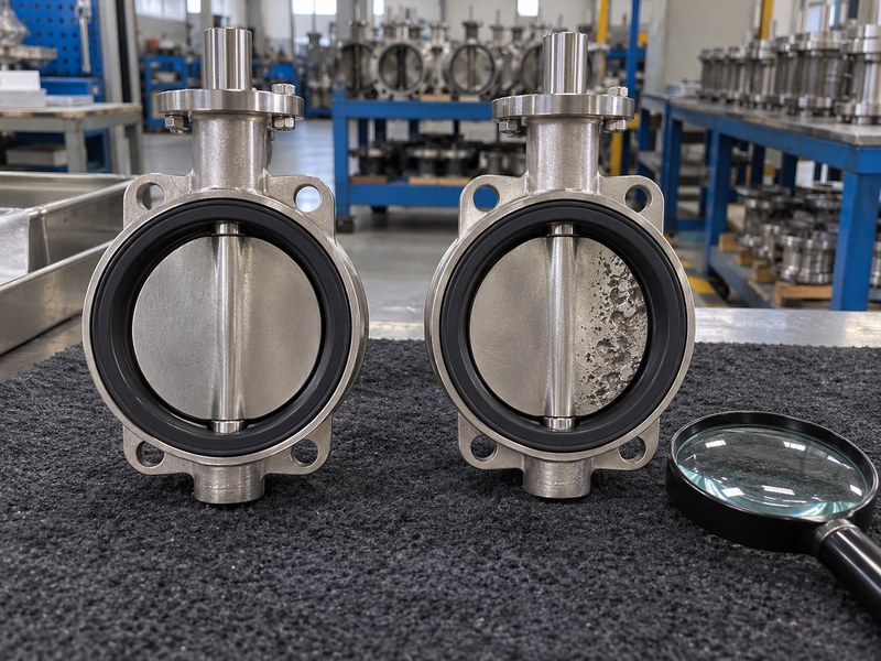 butterfly valve news: valve discs with smooth and pitted surfaces beside a magnifying glass