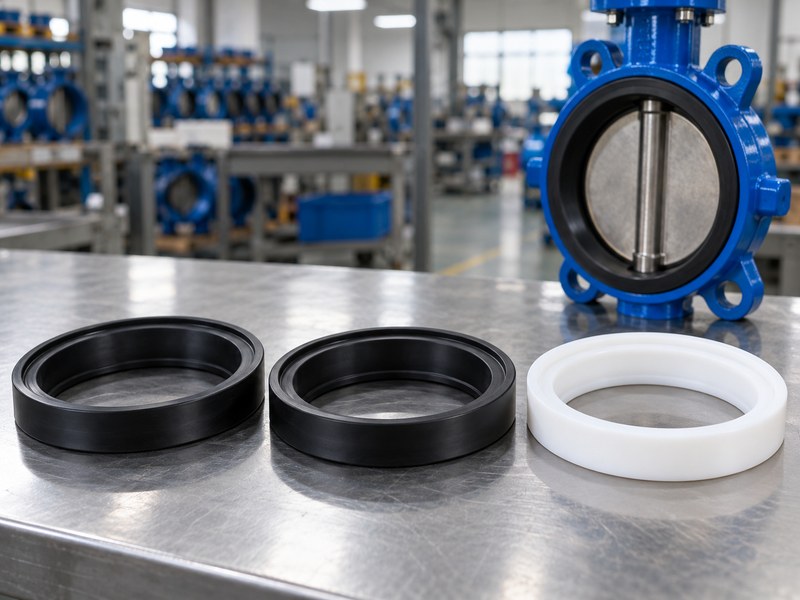 butterfly valve news: black and white valve-seat rings on an inspection bench