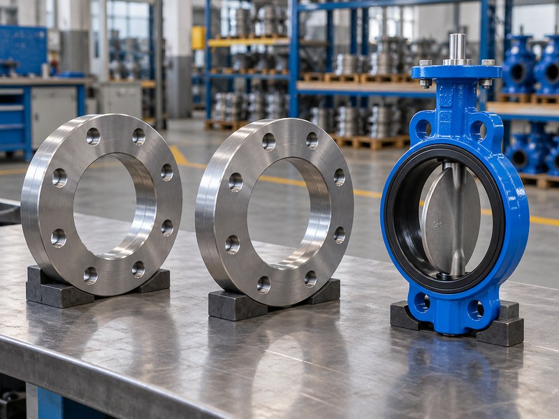 butterfly valve news: separate pipe flanges and a partly open wafer butterfly valve