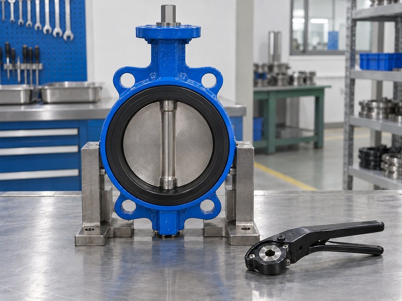 butterfly valve open close position illustration showing a closed concentric valve and a separate unmounted lever