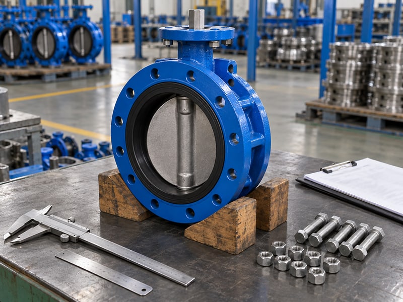 butterfly valve orientation: valve, caliper, steel ruler and inspection clipboard