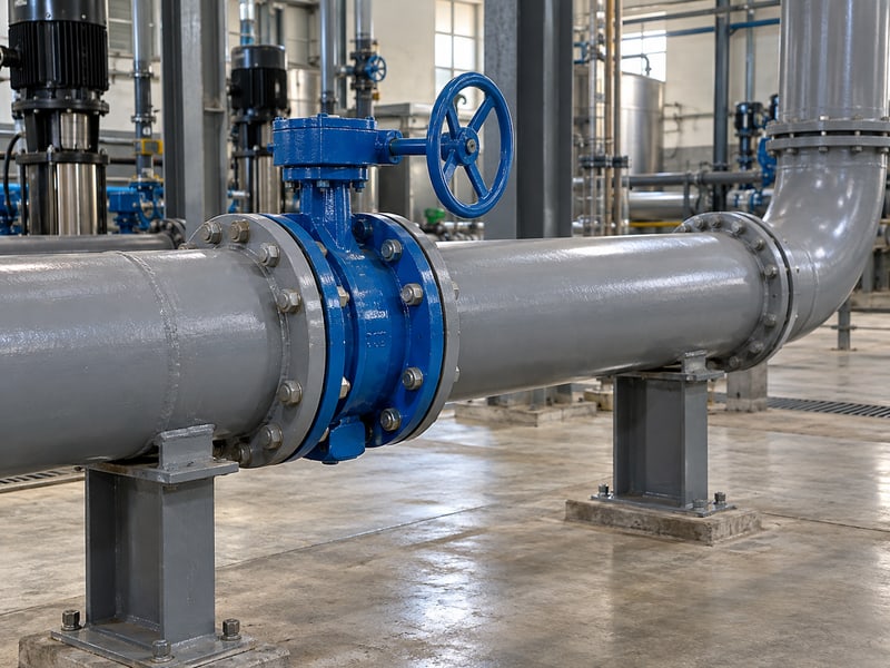 butterfly valve orientation: worm-geared valve, pipe supports and a nearby elbow