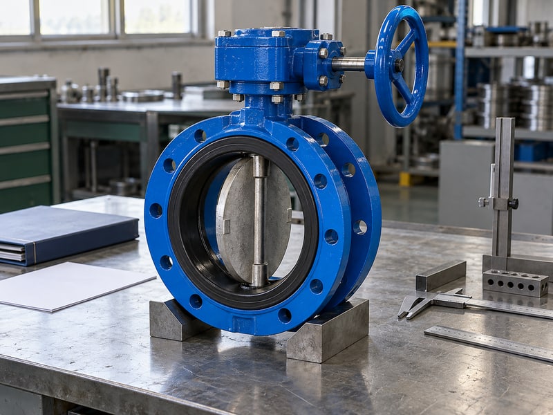 butterfly valve orientation: illustrative supported flanged valve with visible disc, vertical shaft and worm-gear operator