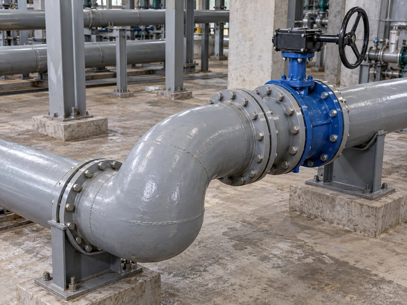 butterfly valve orientation: illustrative butterfly valve and supported elbow piping seen from an elevated oblique angle