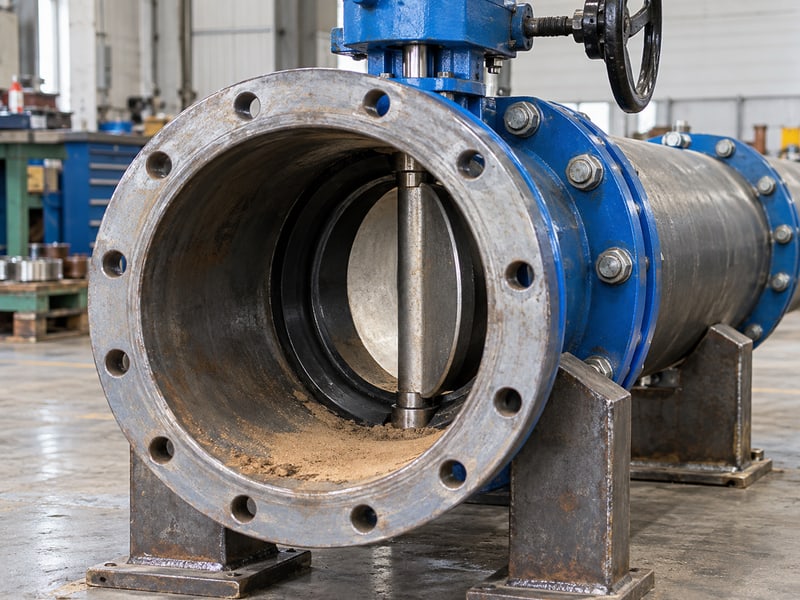 butterfly valve orientation: illustrative light sediment at a drained pipe invert near the lower valve shaft area