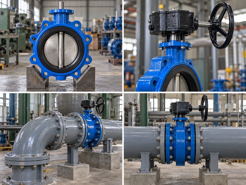 butterfly valve orientation: illustrative four-photo matrix of valve faces, shaft coupling, elbow layout and handwheel access