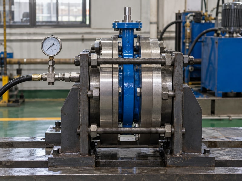 butterfly valve orientation: valve held between sealed pressure-test fixture plates