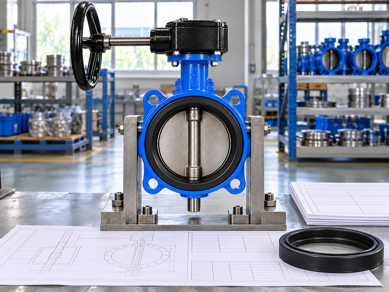 butterfly valve preferred flow direction: illustrative supported butterfly valve beside anonymous installation drawings and blank pressure-face review records