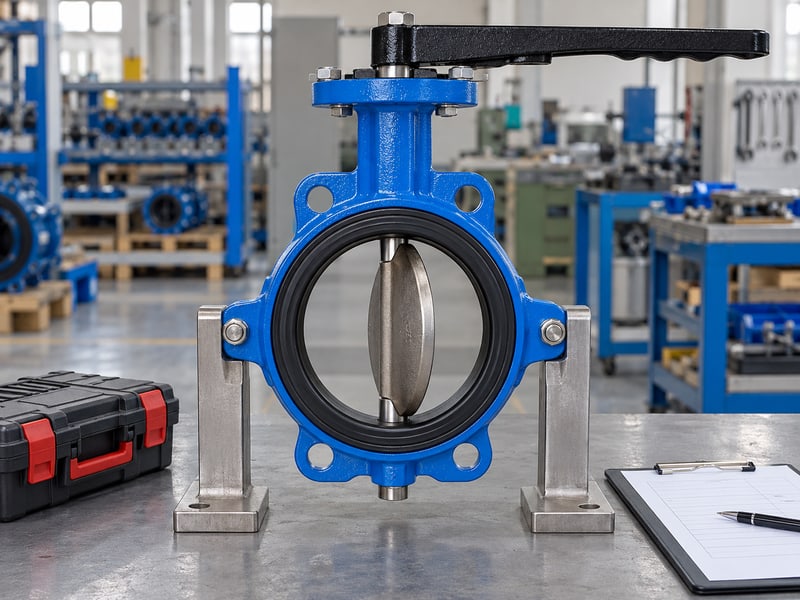 butterfly valve preferred flow direction: illustrative standalone partly open butterfly valve on fixed-body supports before pressure-face review