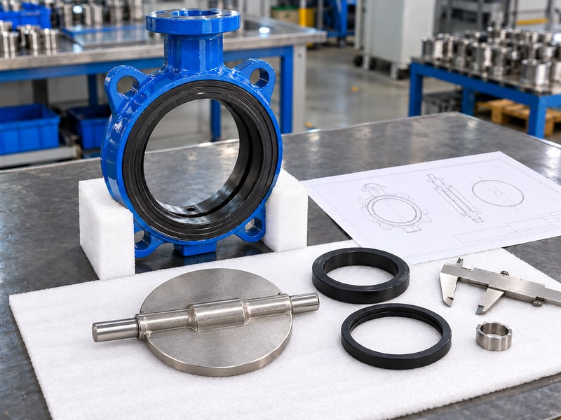 butterfly valve preferred flow direction: illustrative separate valve body, removed disc-and-shaft assembly and elastomer seat rings at a seal configuration review bench