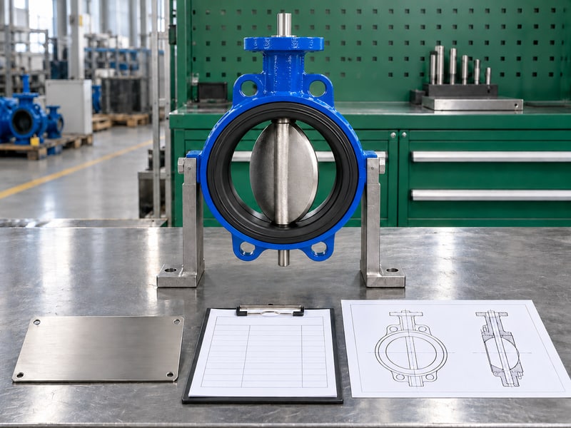 butterfly valve preferred flow direction: illustrative supported valve beside blank identification records and anonymous assembly drawings