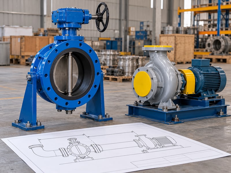 butterfly valve preferred flow direction: illustrative unconnected valve and separate covered pump beside an anonymous suction layout sketch