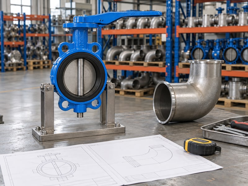 butterfly valve preferred flow direction: illustrative unconnected butterfly valve and detached pipe elbow at an approach-flow layout review station