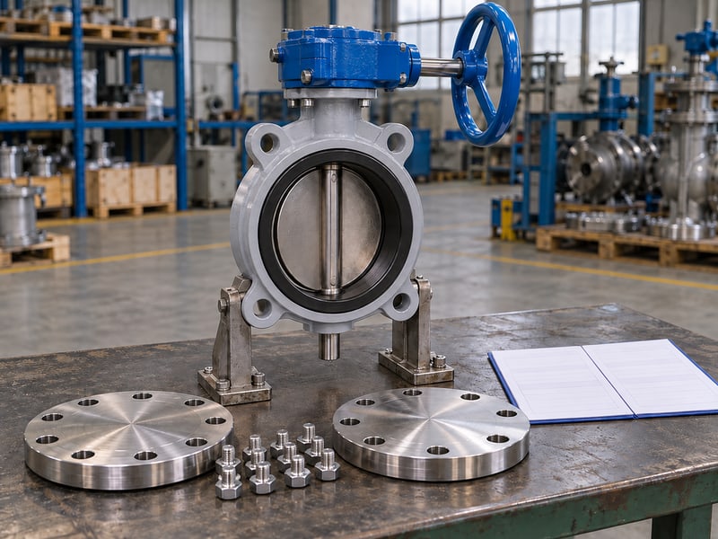 butterfly valve preferred flow direction: illustrative standalone supported valve beside detached test adapters and blank directional review records