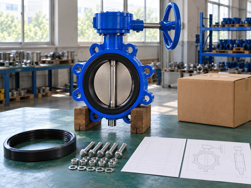 butterfly valve preferred flow direction: illustrative supported gear-operated valve, separate spare parts and blank order records at a supplier review desk