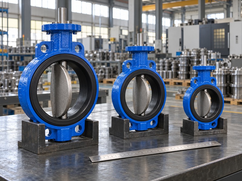 Three different-size wafer butterfly valves on individual supports