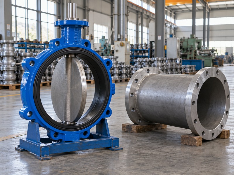 Butterfly valve disc beside a separate straight pipe spool